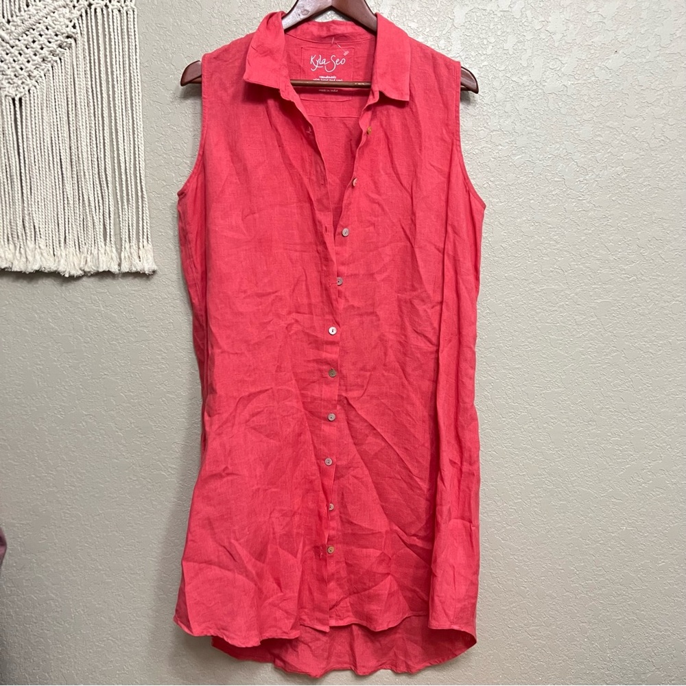Kyla Seo women sz M Ezra Linen button down Tunic mini dress red collar